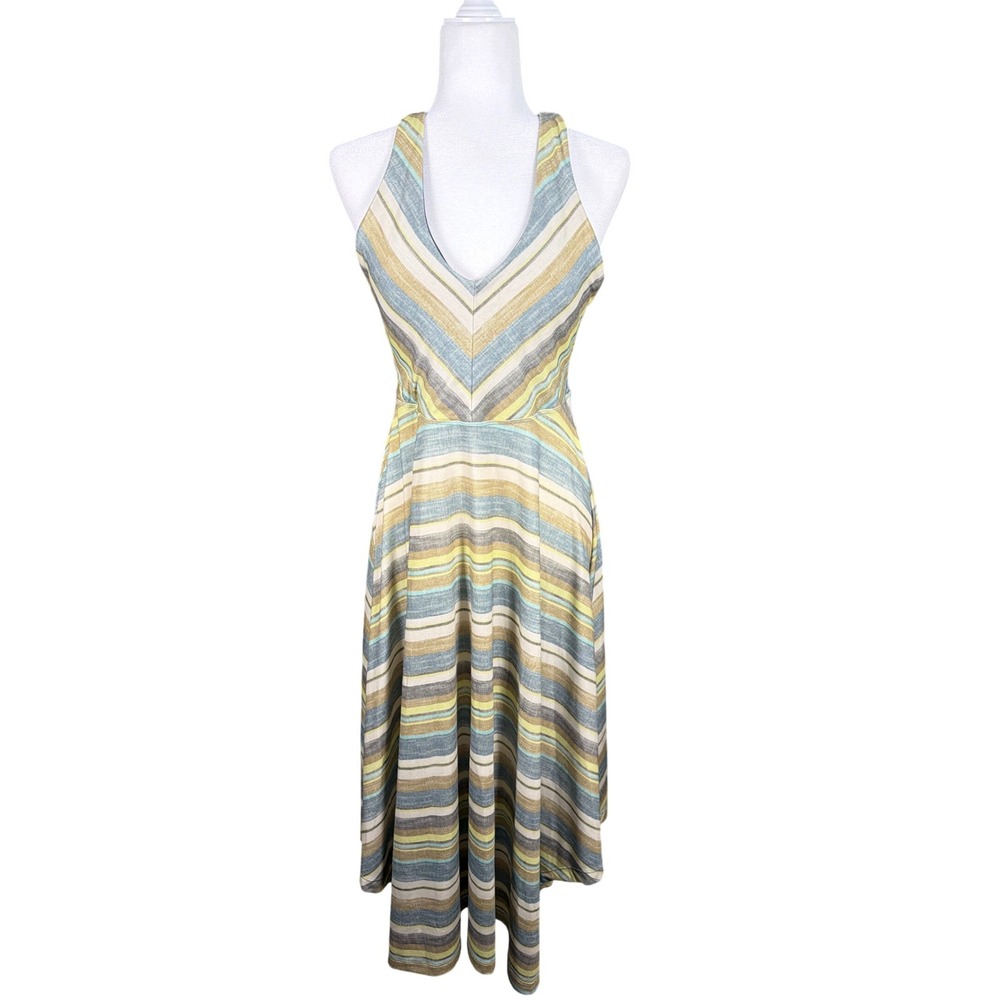 prAna Women Blue Yellow Striped V-Neck Open Back Sleeveless Midi Dress Size M